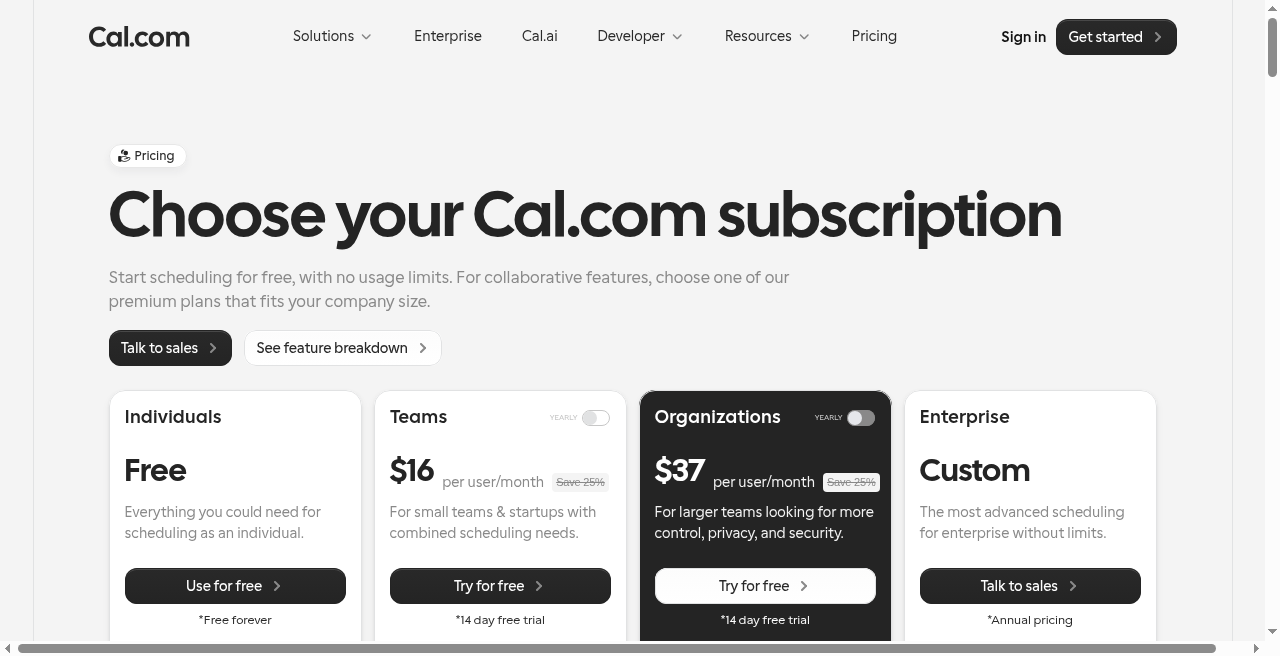 Cal.com monthly Teams $16 and Organizations $37