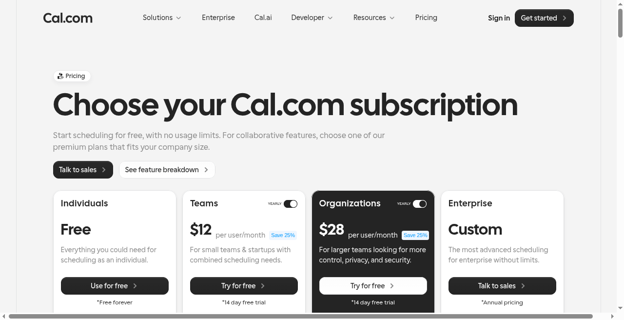 Cal.com yearly Teams $12 and Organizations $28