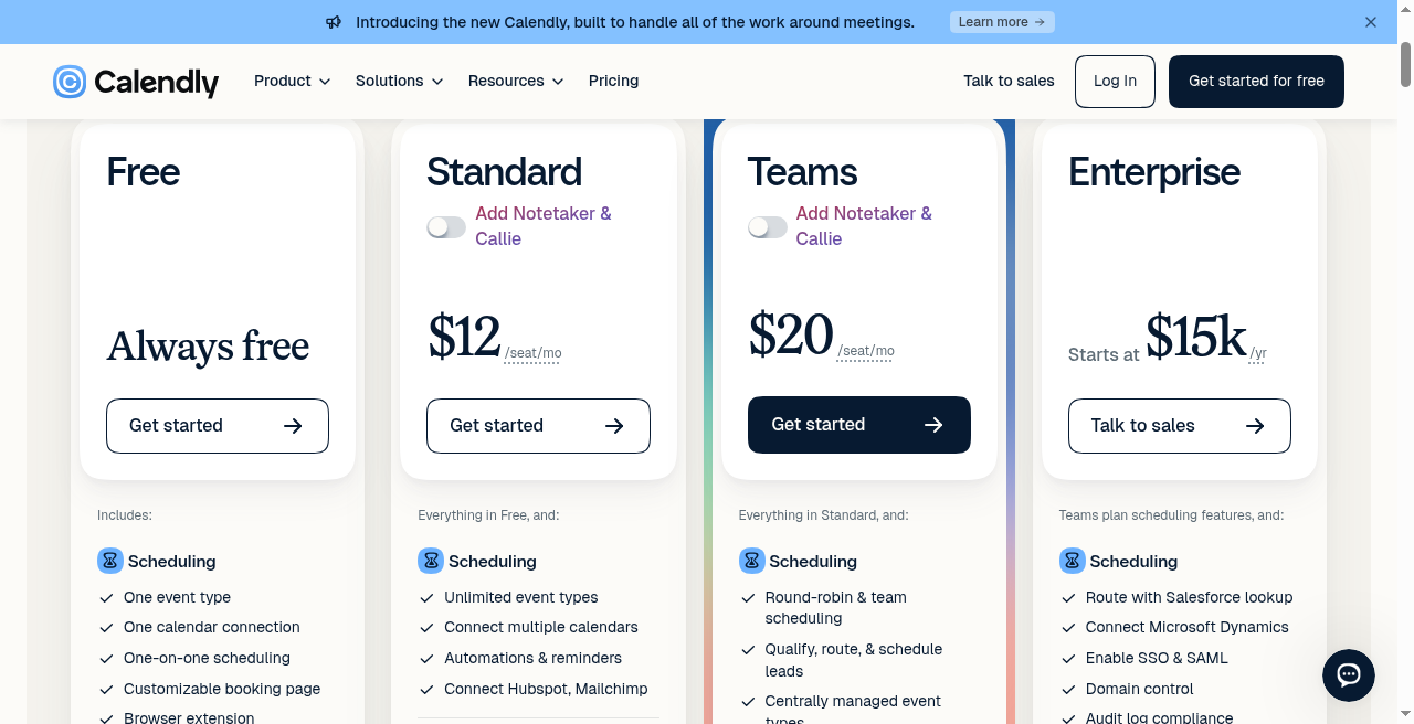 Calendly monthly Standard $12 and Teams $20