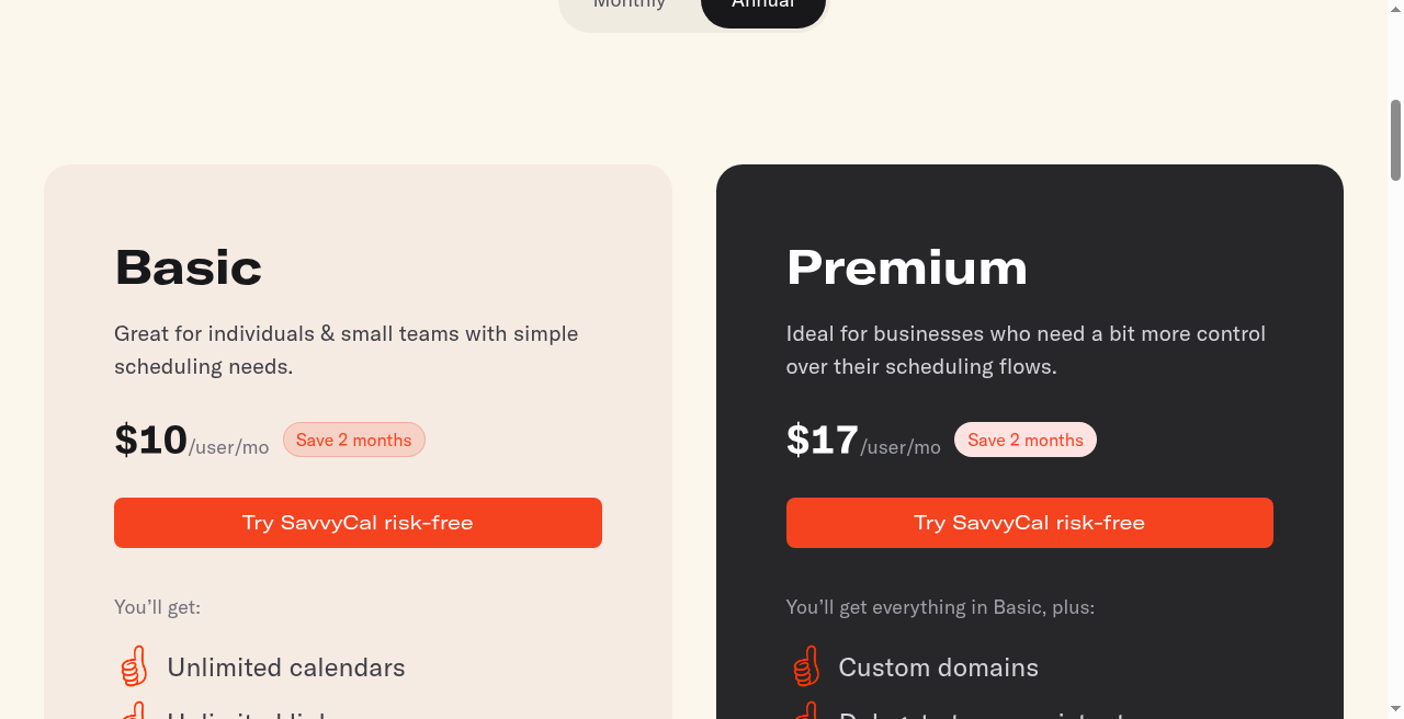SavvyCal annual Basic $10 and Premium $17
