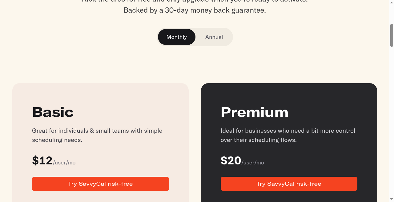 SavvyCal monthly Basic $12 and Premium $20